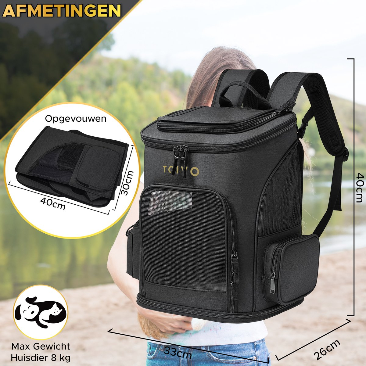 A black pet carrier backpack with dimensions. A woman is holding the bag. A black folded mat is on the left.
