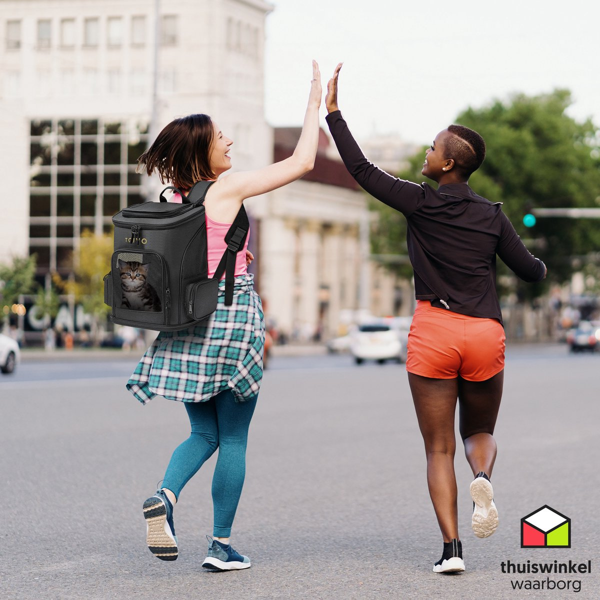 Two women high-fiving in a street. One carries a cat in a backpack. The other is wearing orange shorts. Cars and buildings in the background.