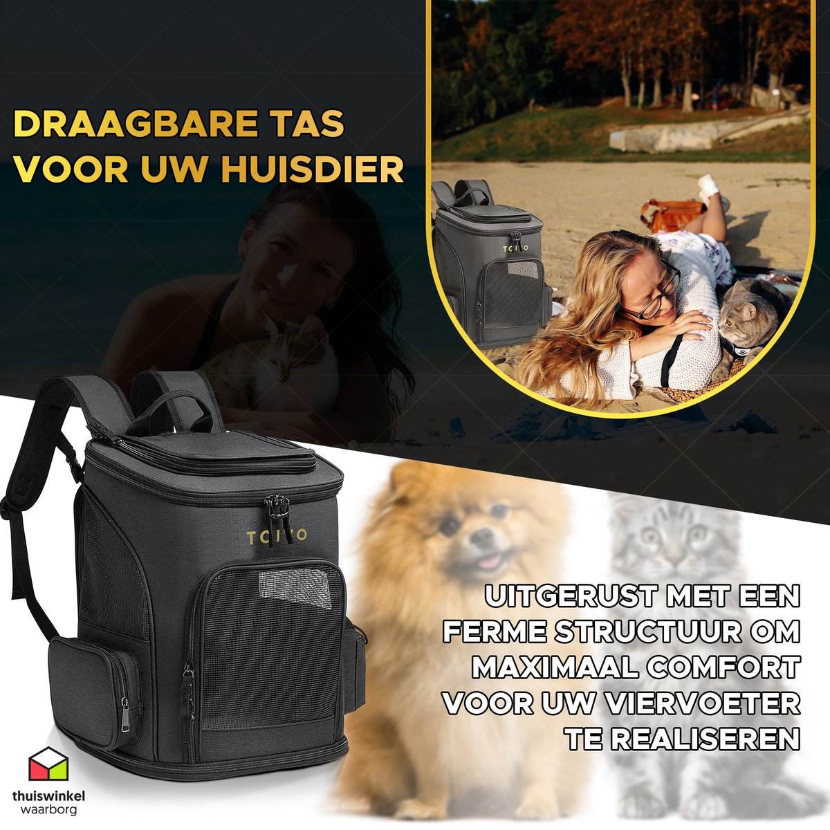 Black pet carrier backpack with a dog and cat, and a woman holding a cat in the background on a beach.