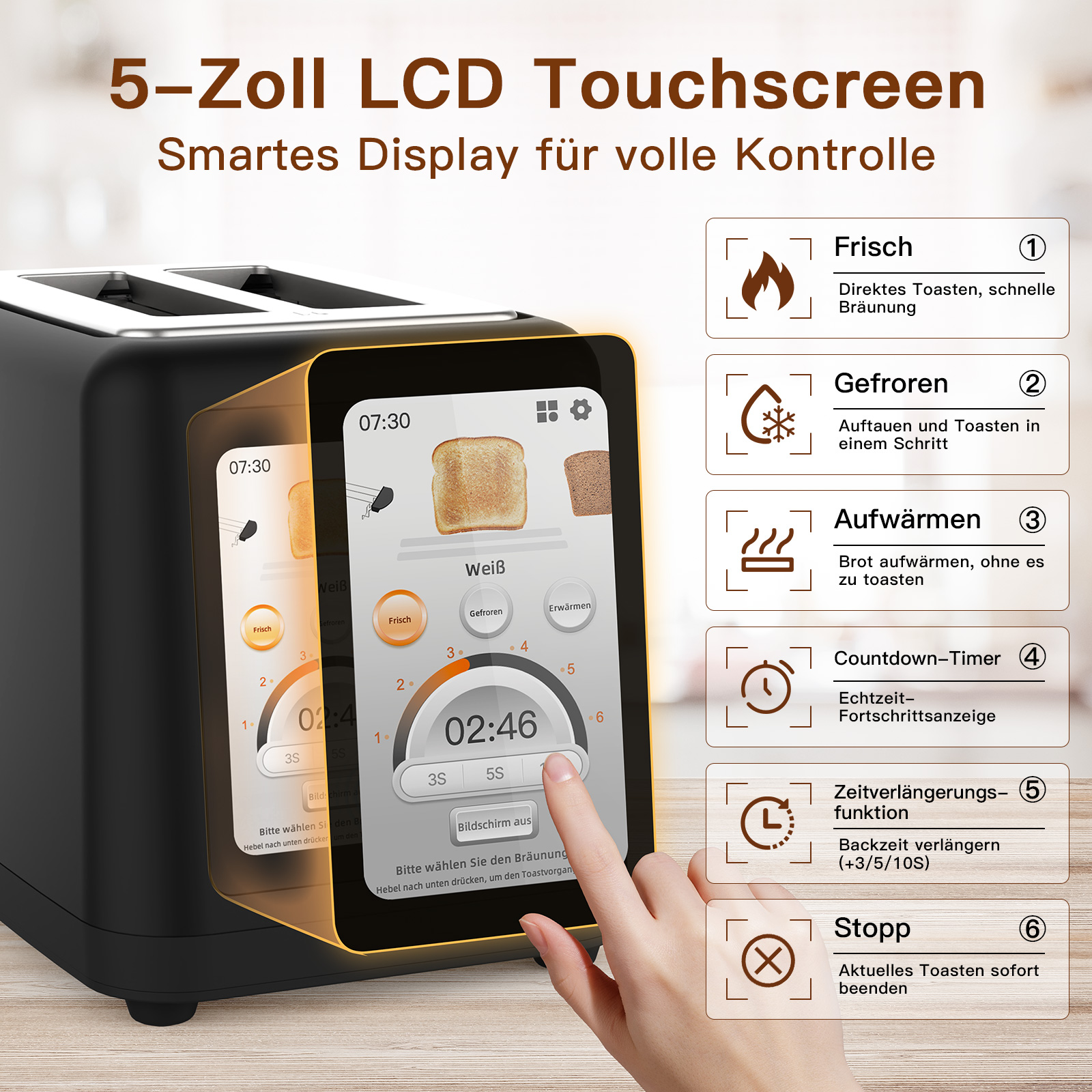 Schwarzer Toaster mit Touchscreen. Zeigt Toasteinstellungen an. Eine Hand berührt den Bildschirm, um Optionen auszuwählen.