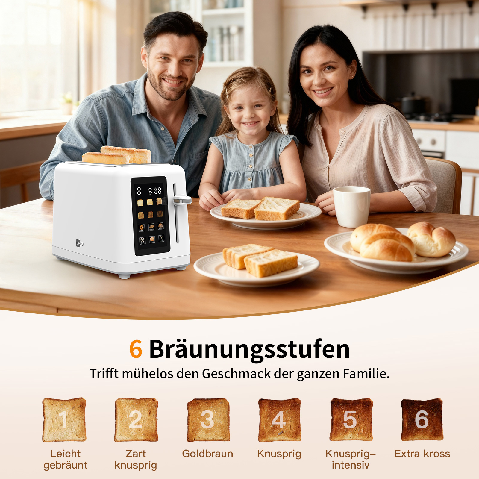 Eine Familie sitzt mit Toast und einem Toaster um einen Tisch. Der Toaster hat ein digitales Display und ist weiß.
