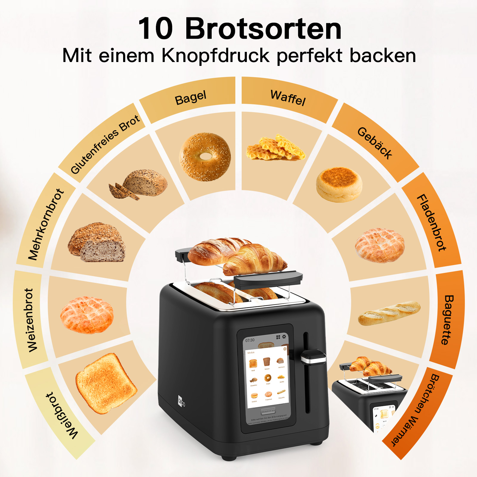 Ein schwarzer Toaster mit verschiedenen Brotsorten, der verschiedene Röstoptionen veranschaulicht.