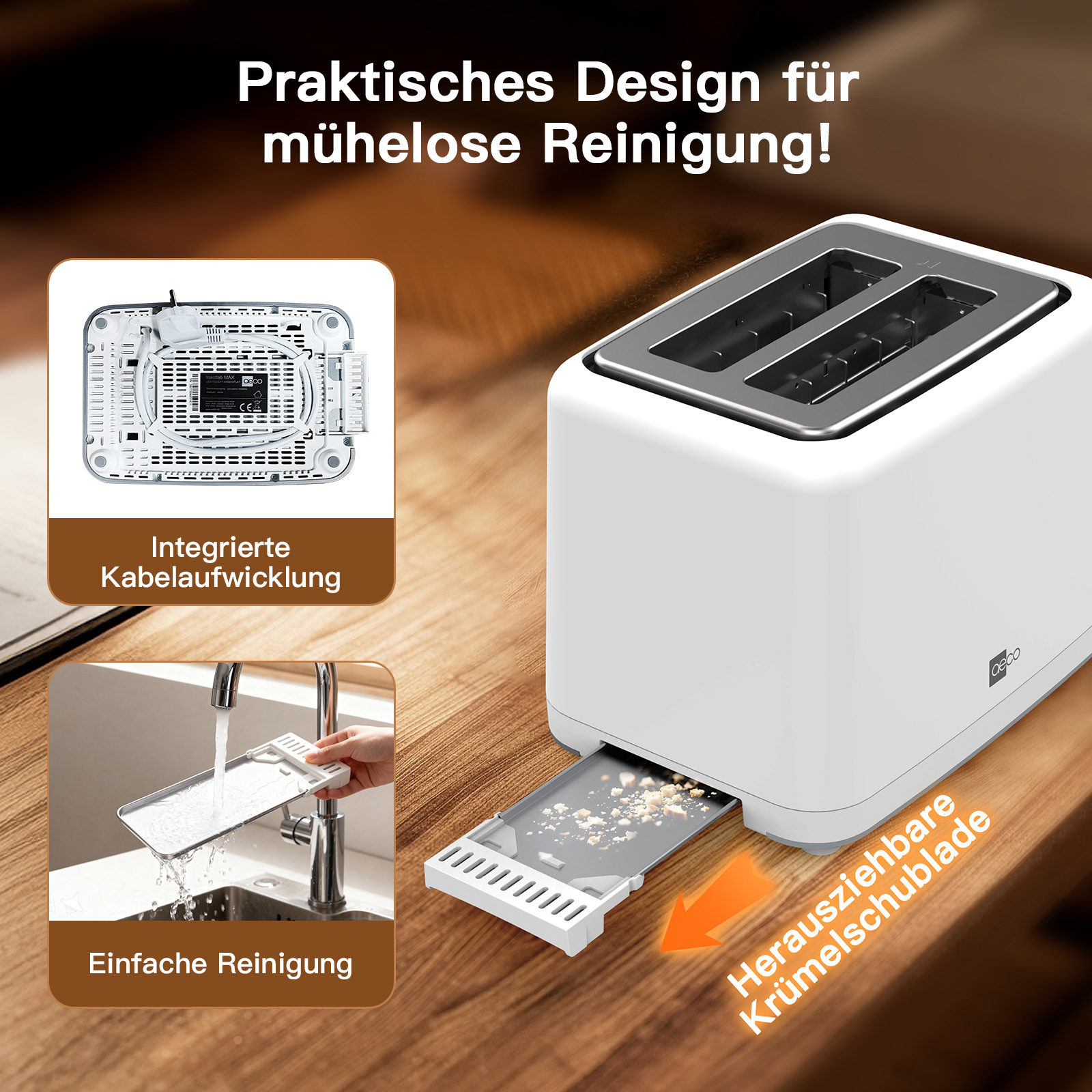 Ein weißer Toaster mit zwei Schlitzen, Krümelschublade und Kabelaufwicklung auf Holz. Zeigt einfache Reinigung.