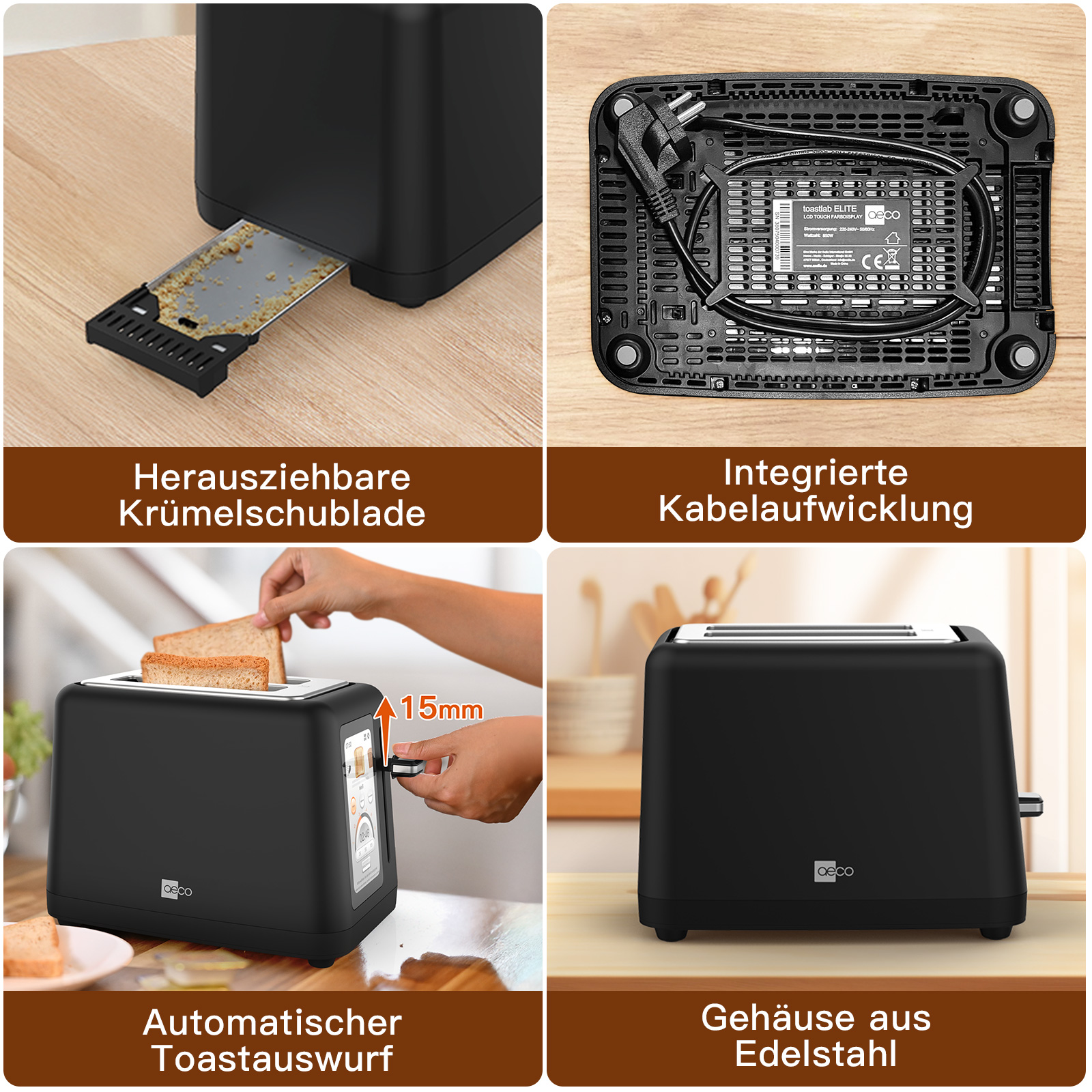 Ein schwarzer Toaster mit Krümelschublade, Kabelaufwicklung, automatischem Auswurf und Edelstahlgehäuse.