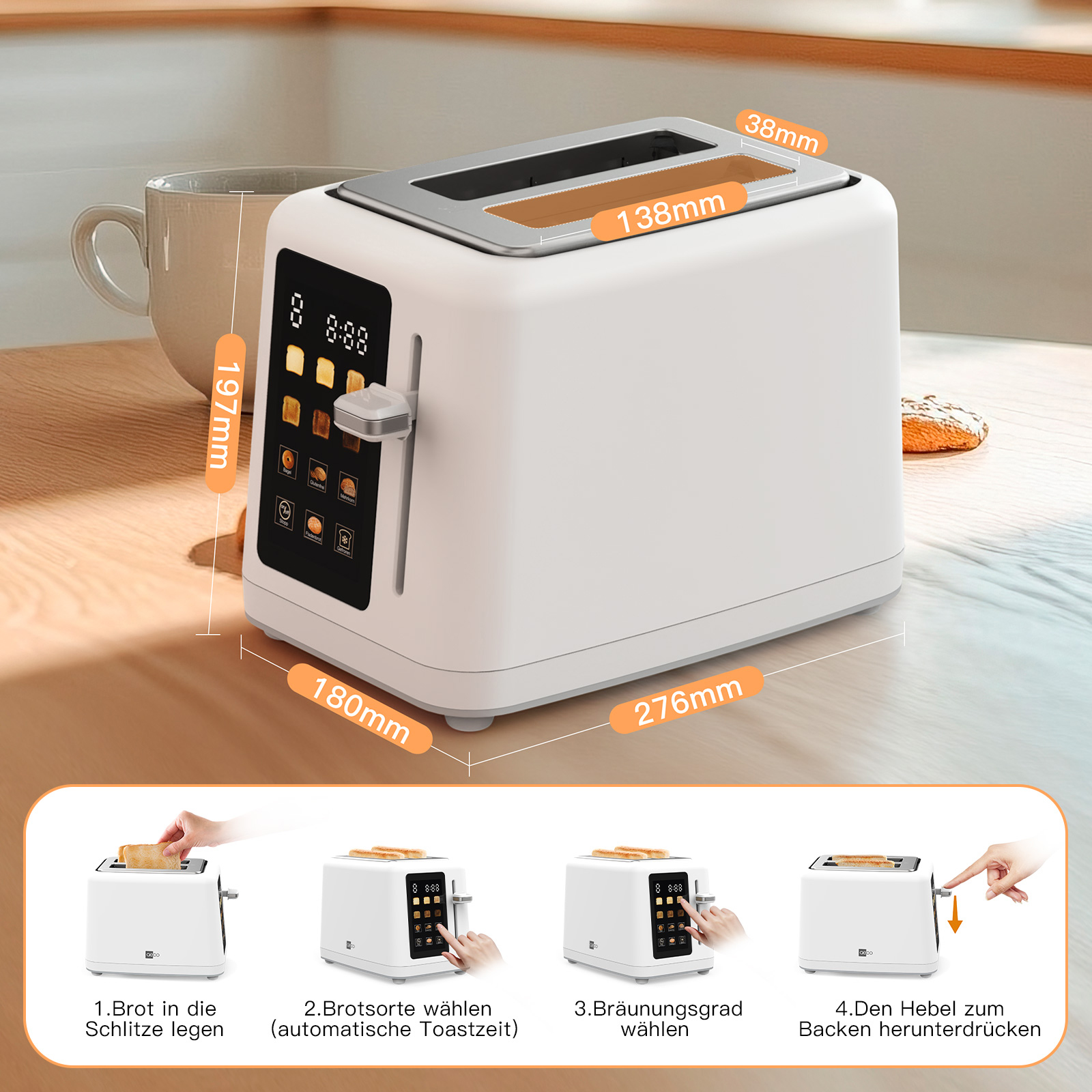 Ein weißer Toaster mit abgebildeten Abmessungen und Anweisungen mit Schritten zur Verwendung mit Brot und Bedienelementen.