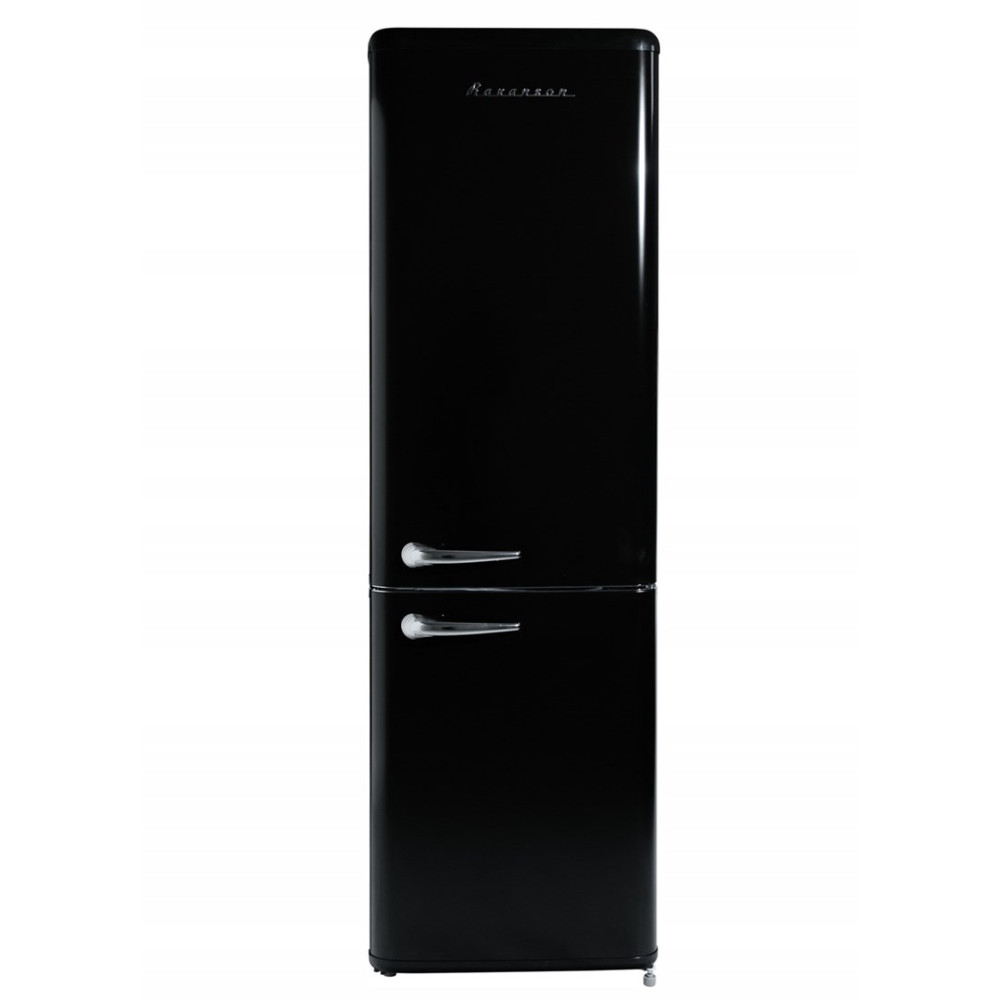 Czarna lodówka z dwoma drzwiami i srebrnymi uchwytami. U góry napisano słowo 'Rakanzon'. Tło jest białe.