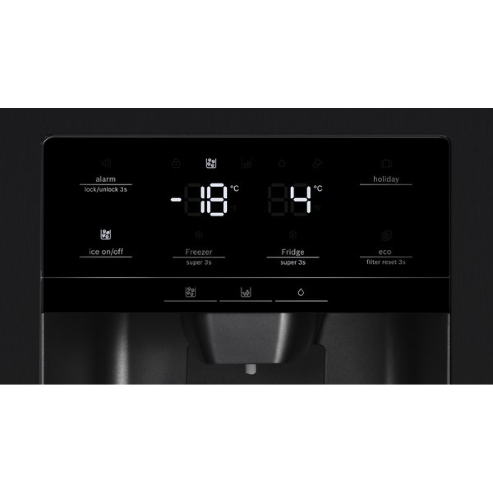Zbliżenie panelu sterowania lodówki. Wyświetla odczyty temperatury i różne ikony funkcji, takie jak lód, alarm i eco.