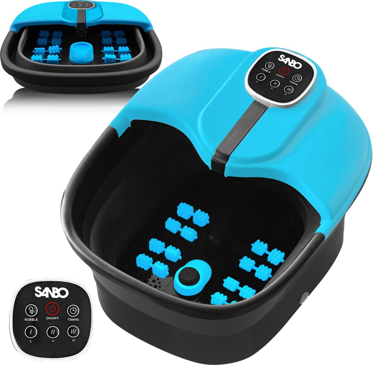 Een blauwzwarte voetenbad met een bedieningspaneel en blauwe massagenokjes. De merknaam is SANBO.