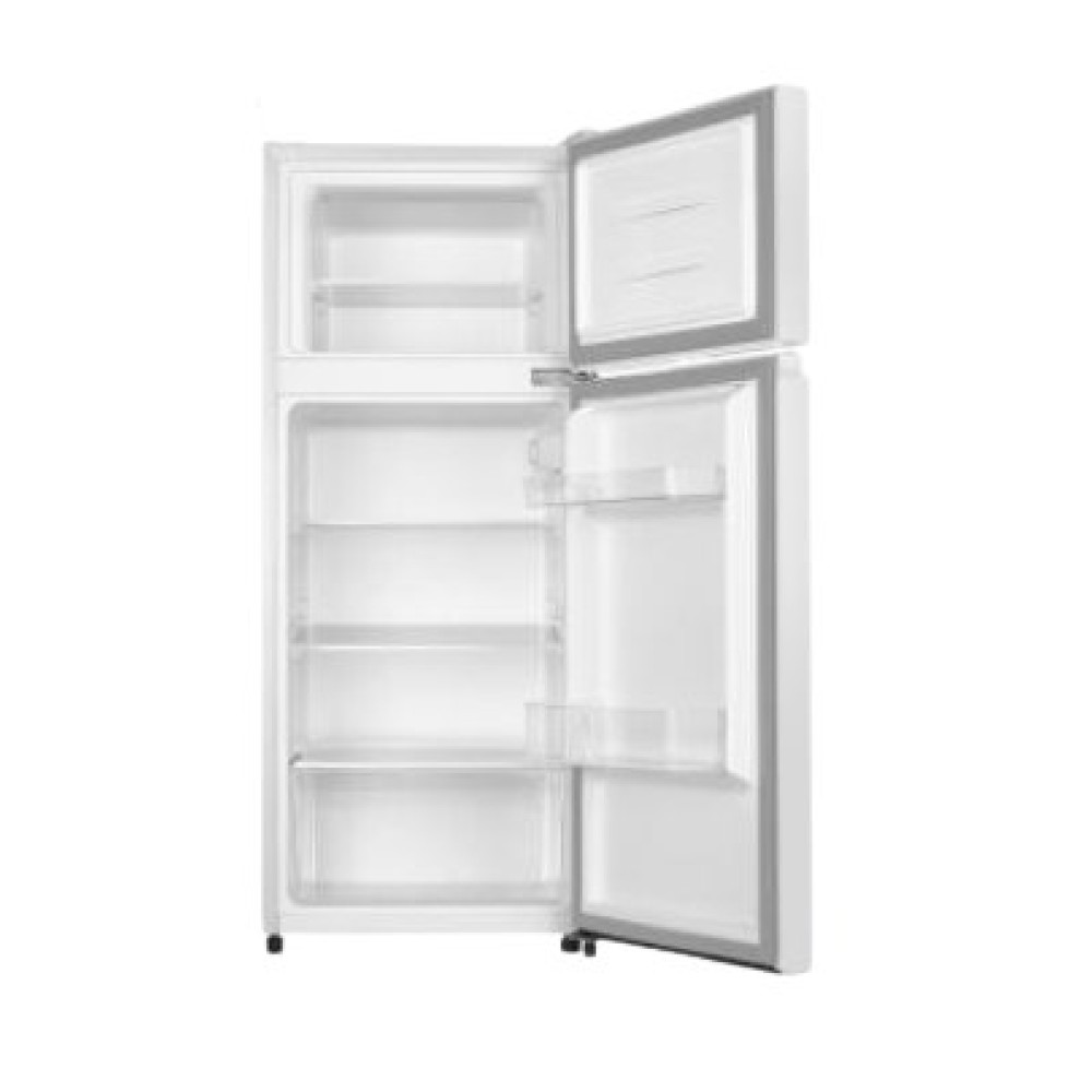 Ein weißer Kühlschrank mit offener Tür, der die inneren Regale zeigt. Die obere Tür ist ebenfalls geöffnet.