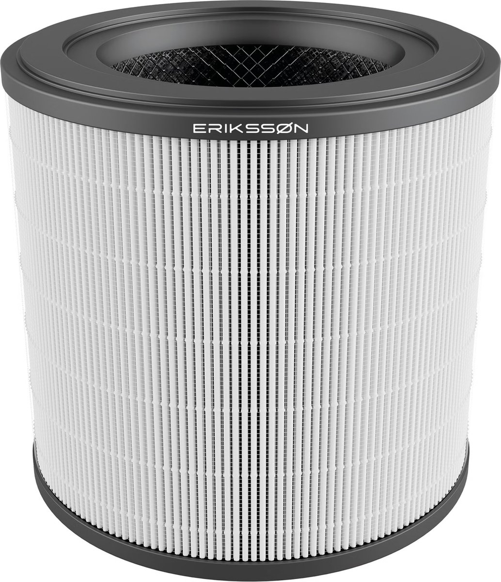 Een cilindrisch luchtfilter met wit geplooid filtermateriaal en donkergrijze boven- en onderranden. De merknaam is zichtbaar.