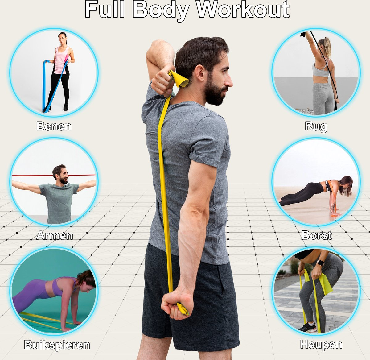 Man exercising with a yellow resistance band. Other people are showing different exercises with the band. Text says 'Full Body Workout'.