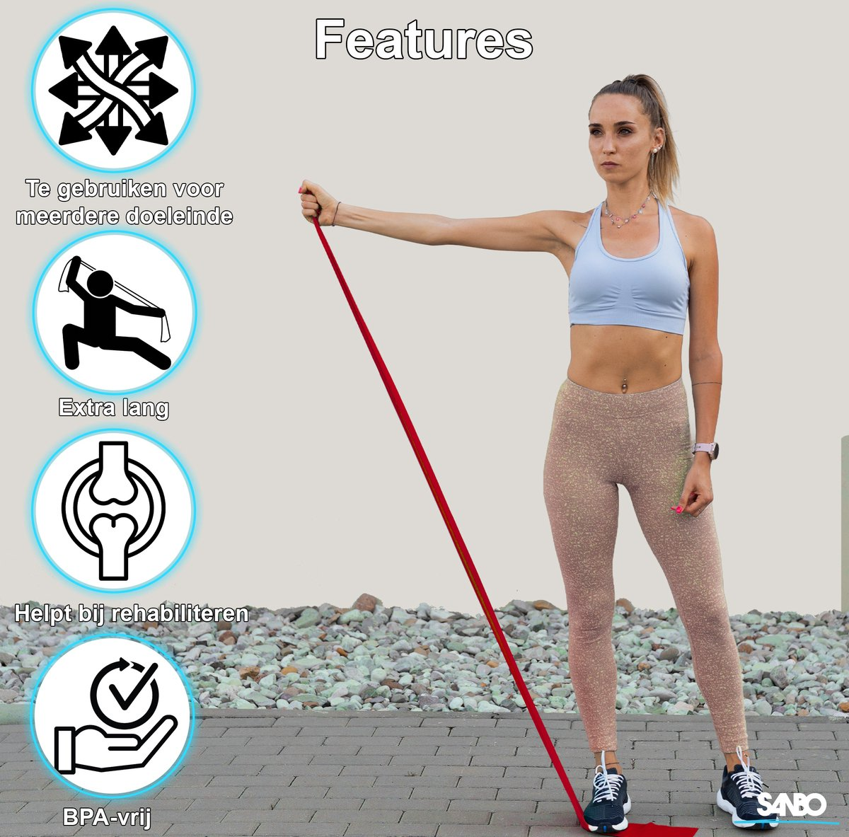 A woman exercises with a red resistance band. She wears a blue top and patterned leggings. Text and icons are in the background.