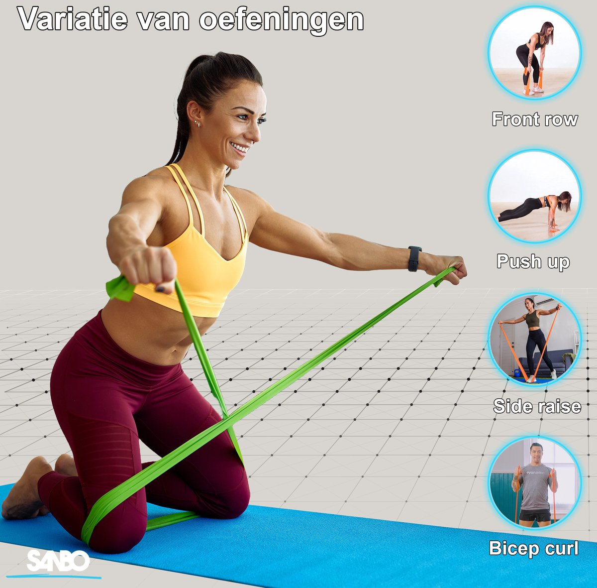 Woman exercising with a green resistance band. She kneels on a blue mat. Examples of exercises are shown on the right.