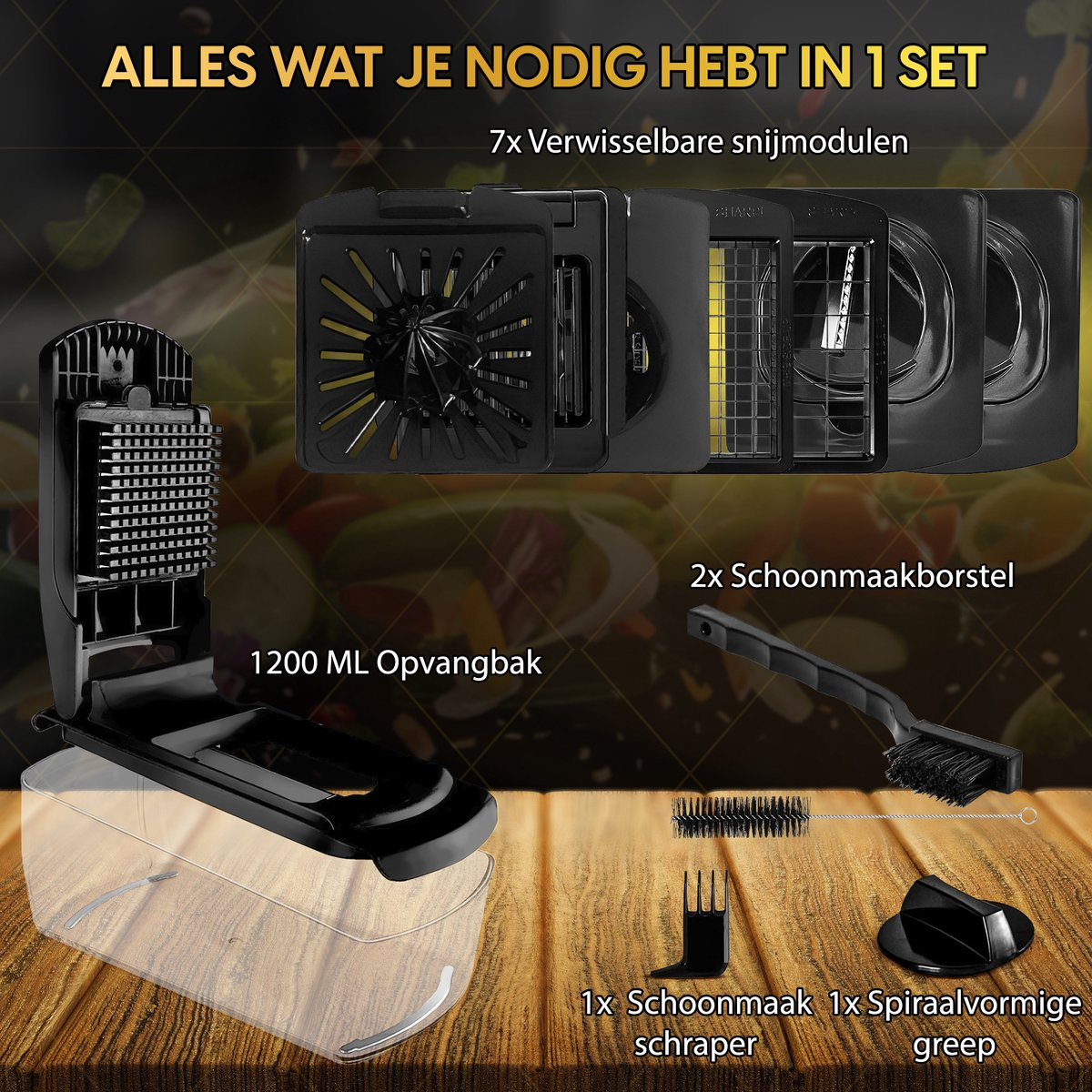 Image shows a black kitchen tool set. It includes cutting modules, cleaning brushes, a container, and other accessories.