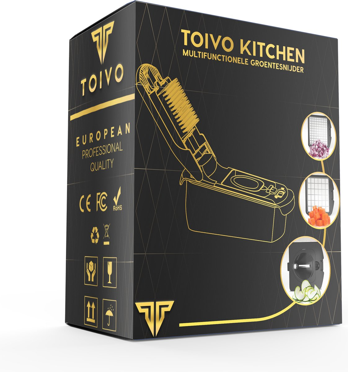 A Toivo Kitchen box, black with gold text and a diagram of a vegetable cutter. It includes images of chopped vegetables.
