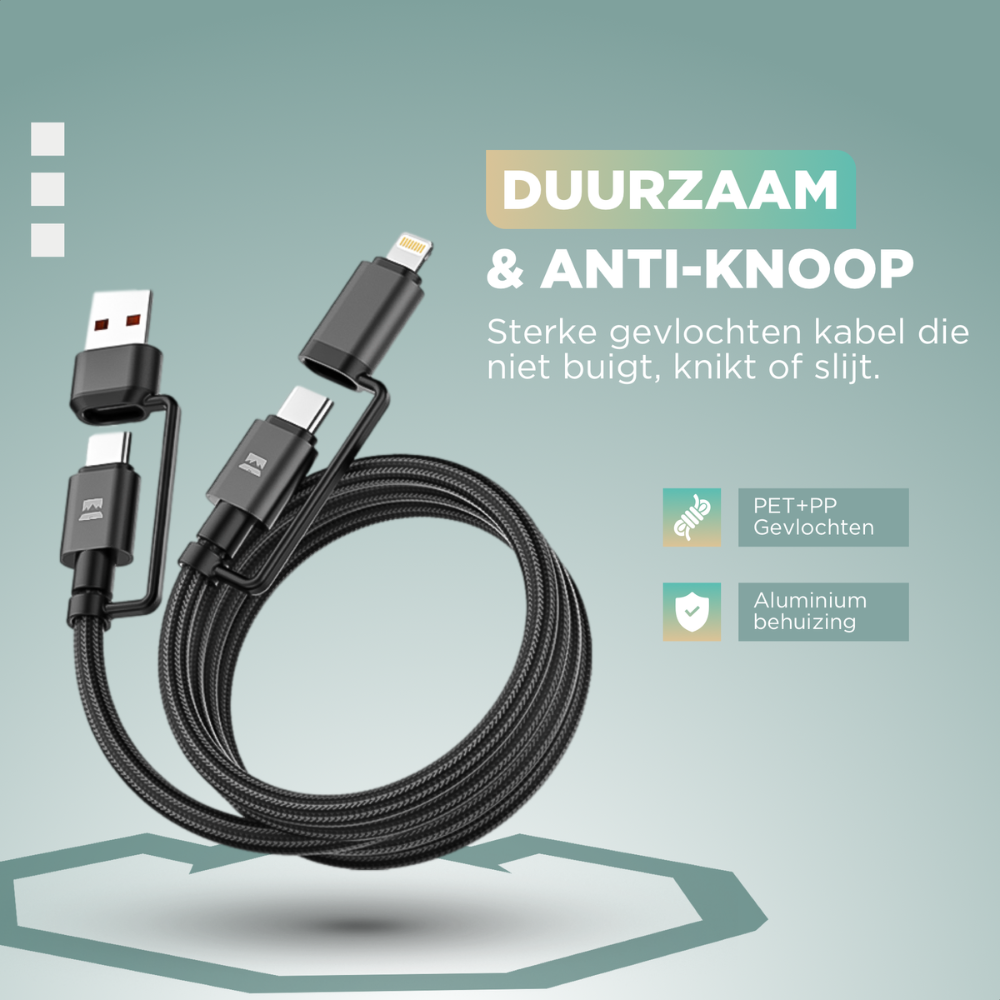 Câble de charge tressé noir avec plusieurs connecteurs. Texte: 'DUURZAAM & ANTI-KNOOP', 'PET+PP Gevlochten' et 'Aluminium behuizing'.
