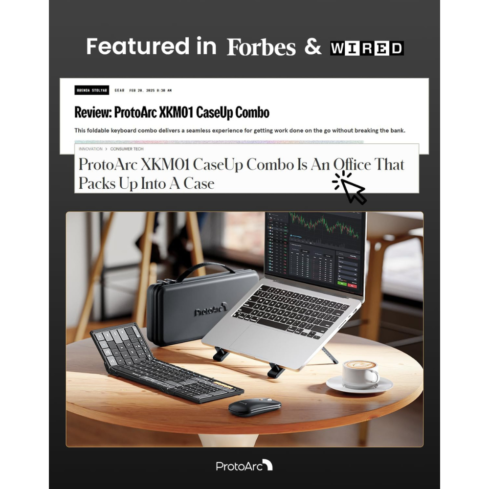 A laptop, keyboard, and mouse are on a wooden table. A cup of coffee sits near the laptop, and a case is behind.