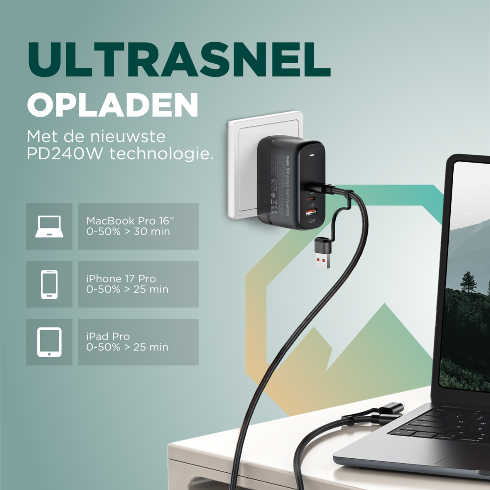 Un chargeur noir branché sur une prise murale, chargeant un ordinateur portable. Le texte indique des capacités de charge rapide.