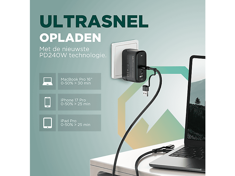 RAVIAD 3-in-1 USB Oplaadkabel – 0,5m – Nylon Gevlochten – Met Lightning, Micro USB & Type-C – Snel Opladen (max 3A) 5 miniatura