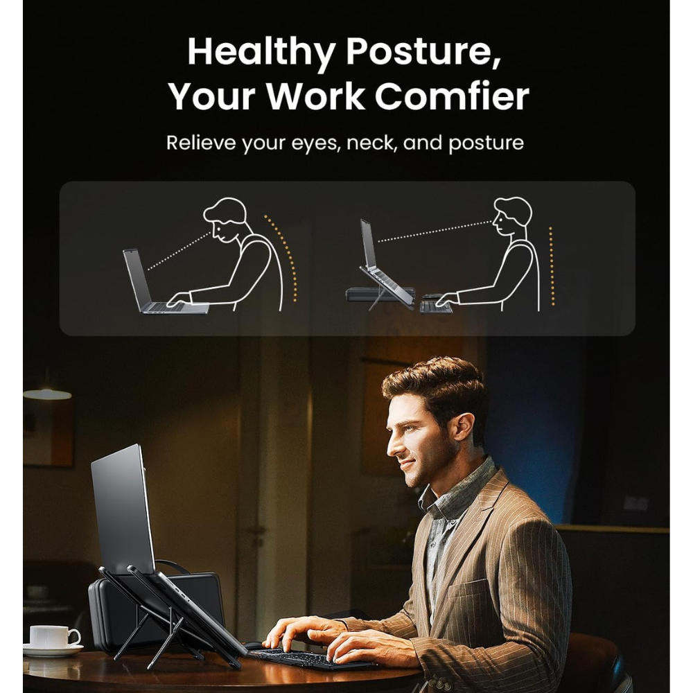 A man using a laptop on a stand, typing on a keyboard. Diagrams show correct posture. Text: Healthy posture, work comfier.