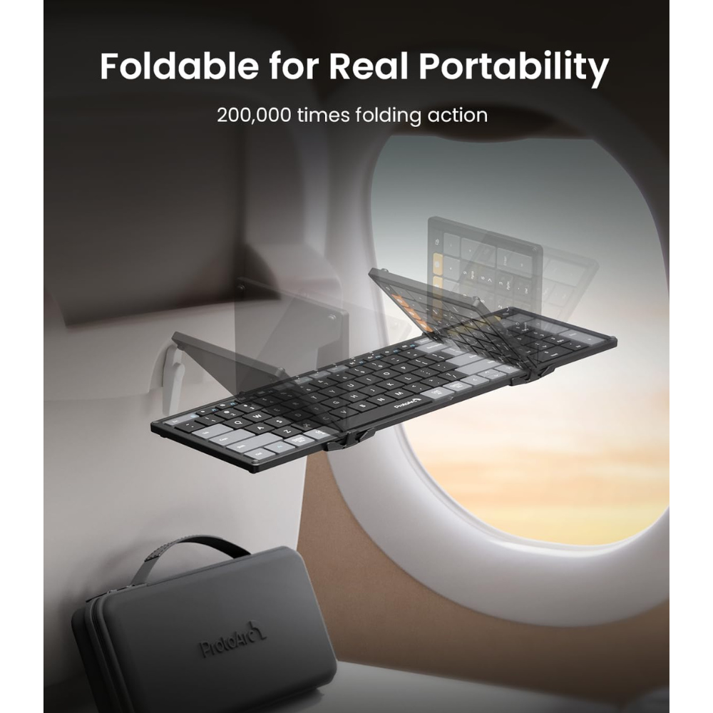 A foldable black keyboard is shown mid-air, with a carrying case below. The background suggests an airplane window.