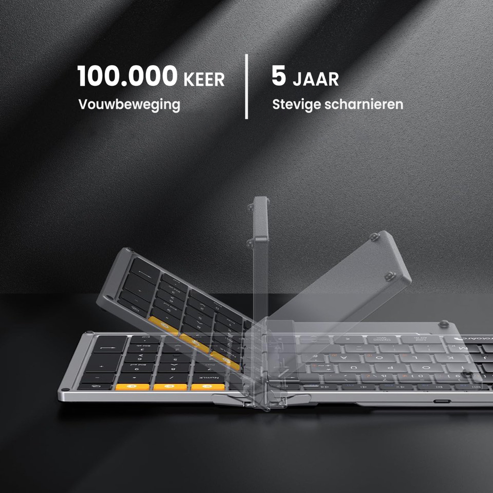Eine faltbare Tastatur mit schwarzen Tasten und gelben Akzenten ist teilweise geöffnet dargestellt. Text oben sagt '100.000 keer' und '5 jaar'.