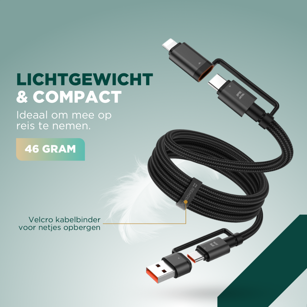 Câble USB noir avec plusieurs connecteurs. Le texte dit 'Léger & Compact', '46 grammes'. Une plume en arrière-plan.