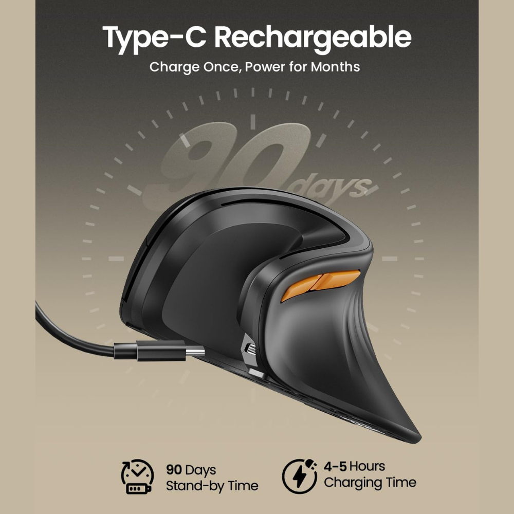 A black and orange ergonomic mouse is connected to a charging cable. Text displays 'Type-C Rechargeable' and '90 days stand-by time'.