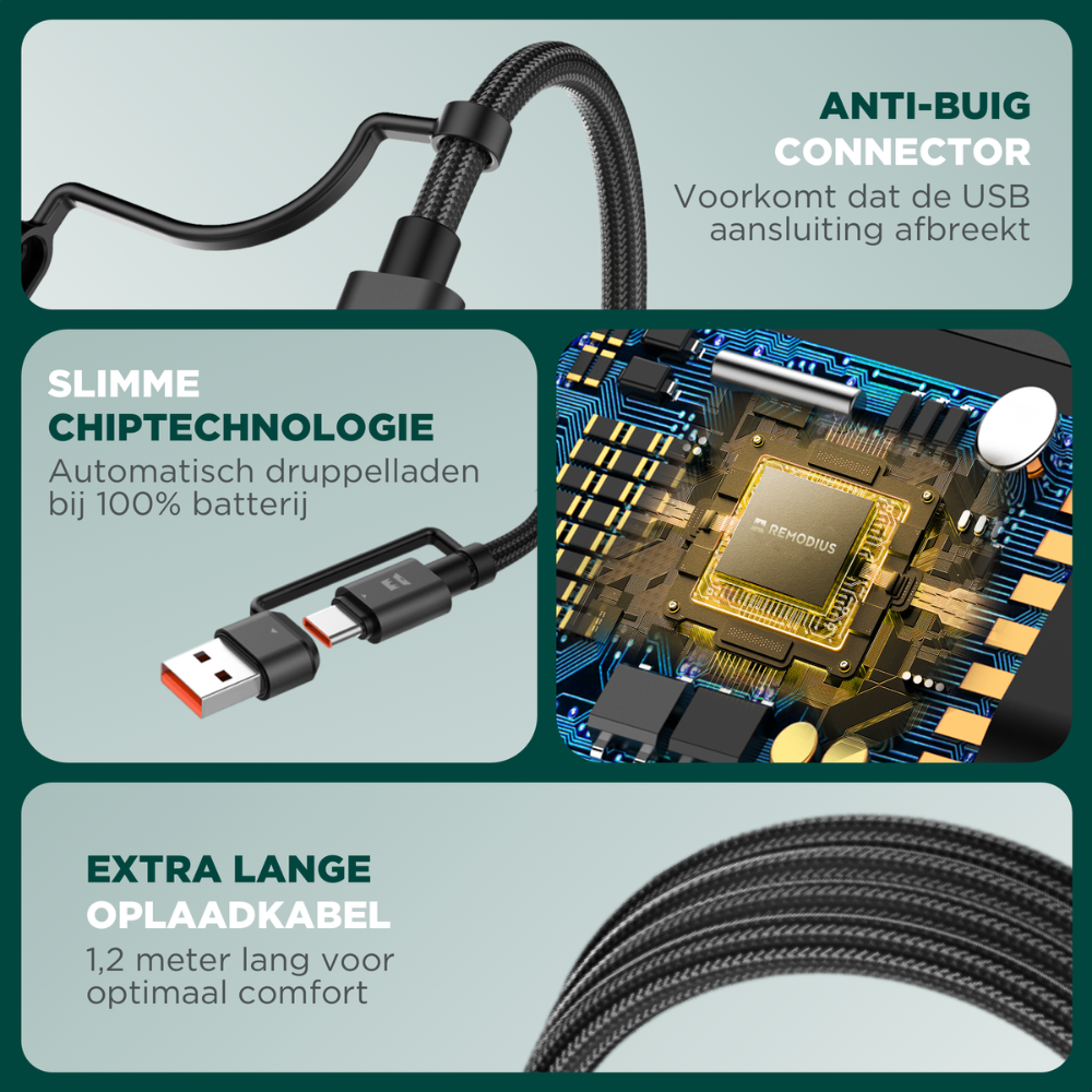 L'image montre un câble de chargement noir avec des connecteurs USB et USB-C, une carte de circuit imprimé et du texte décrivant les caractéristiques du câble.