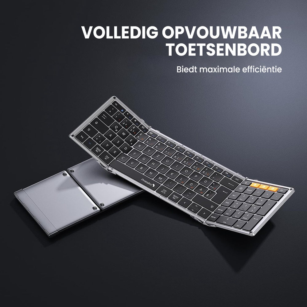 Eine faltbare Tastatur in dunkler Umgebung. Sie ist schwarz mit silbernen Rändern und orangefarbenen Akzenten. Die Tastatur ist teilweise ausgeklappt.