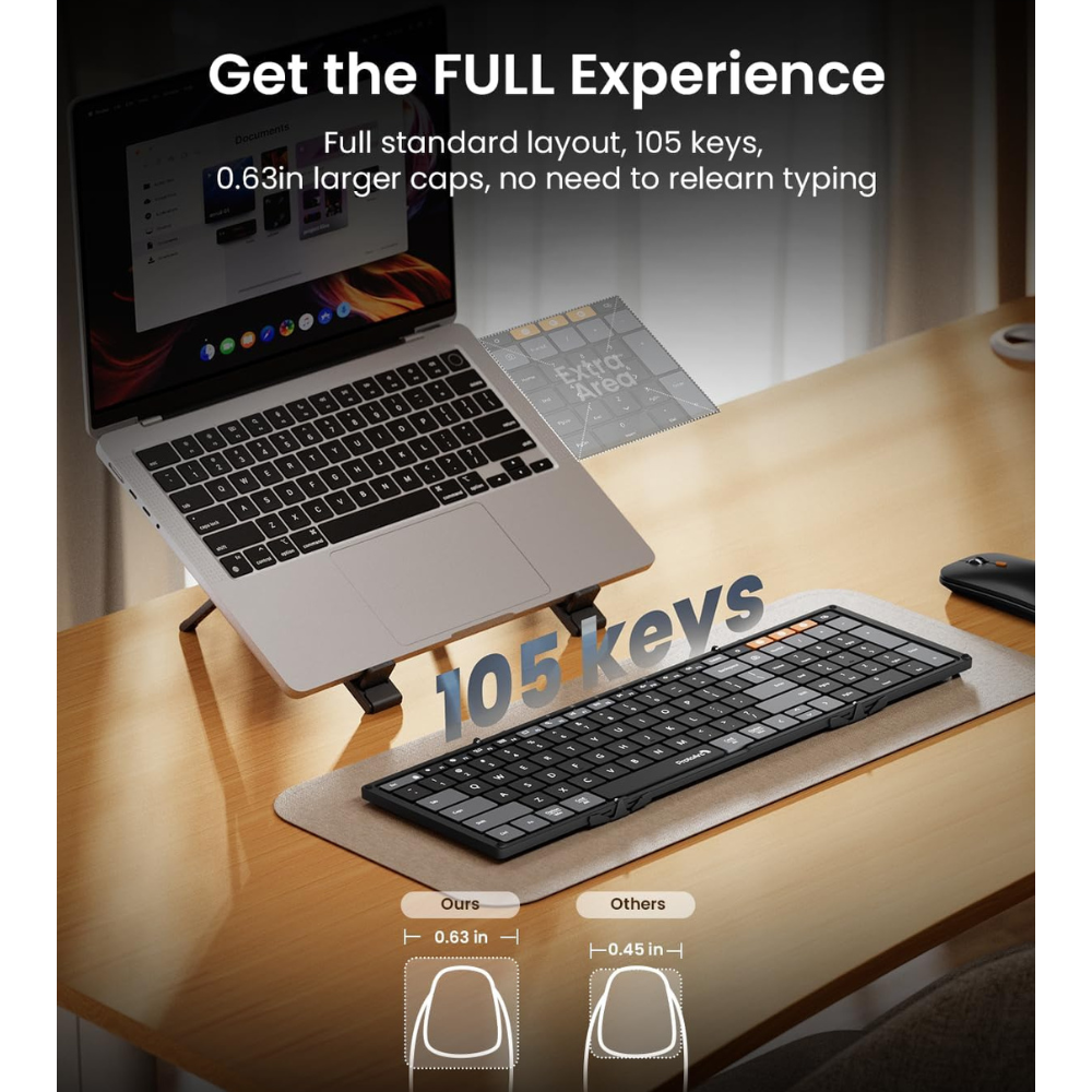 Laptop on a stand, keyboard, mouse, and text about keys and layout on a wooden desk.