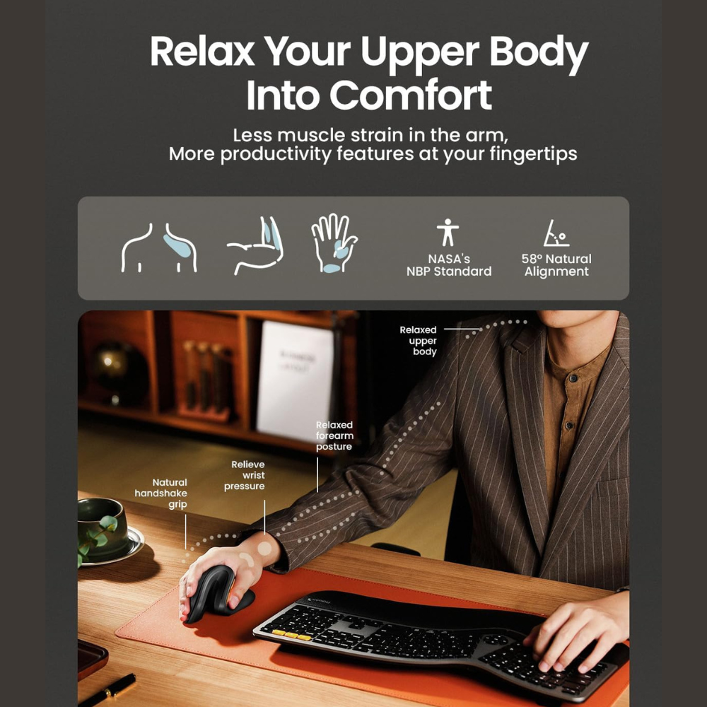 A person using a keyboard and mouse. The image highlights ergonomic design for comfort and reduced strain.