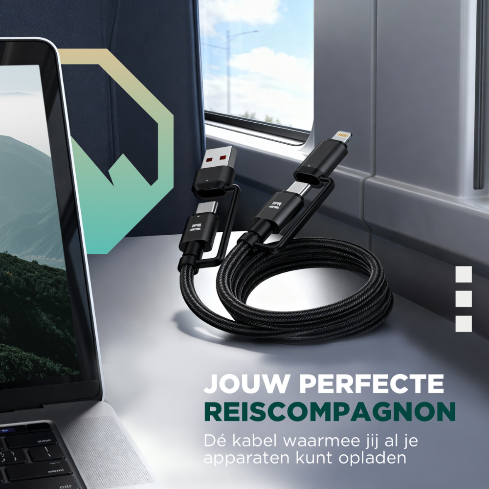 Câble de charge noir avec connecteurs USB et Lightning, enroulé. Ordinateur portable et texte 'Jouw Perfecte Reiscompagnon' dans la scène.