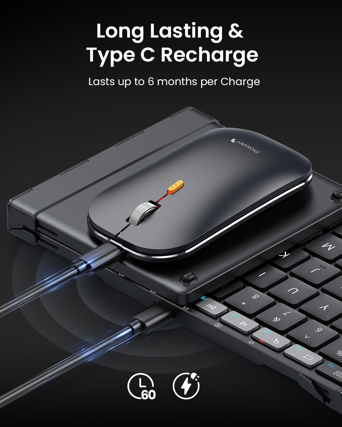 A black mouse rests on a keyboard. A cable connects the mouse and keyboard. Text says 'Long Lasting & Type C Recharge'.