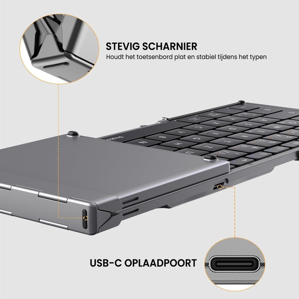 Nahaufnahme einer grauen Klapptastatur mit schwarzen Tasten, einem stabilen Scharnier und einem USB-C-Ladeanschluss werden hervorgehoben.