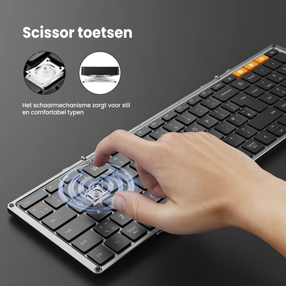 Eine Hand drückt eine Tastaturtaste. Die Tastatur hat einen Scherenmechanismus, der in zwei Kreisen dargestellt ist. Der Text lautet 'Scherentasten'.