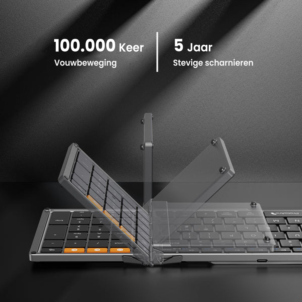 Eine faltbare Tastatur ist teilweise geöffnet. Orange und schwarze Tasten sind sichtbar. Der Hintergrund ist dunkel mit Text, der die Eigenschaften angibt.