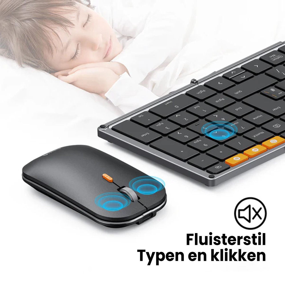 Über einem schlafenden Kind befinden sich Tastatur und Maus. Der Text lautet: 'Flüsterleises Tippen und Klicken'.