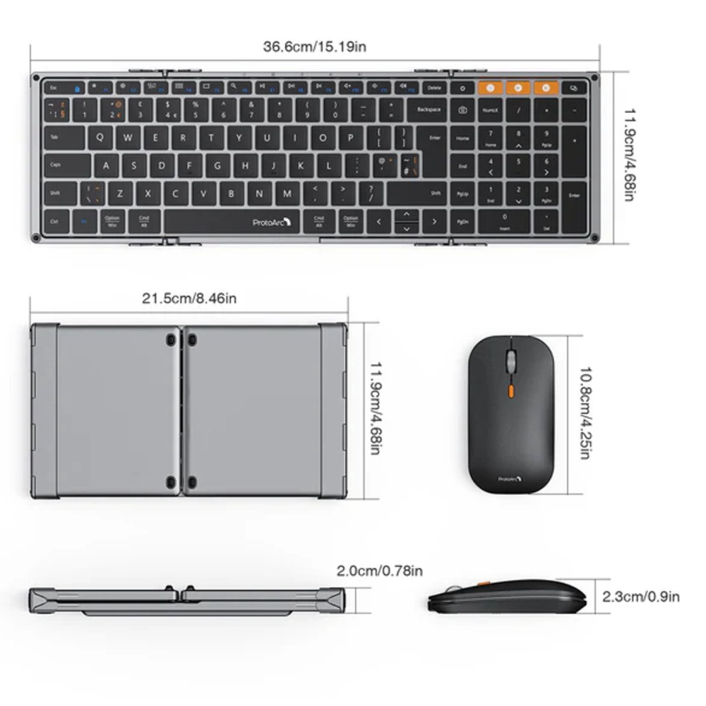 Eine Tastatur, eine Maus und ein Faltetui sind abgebildet. Abmessungen sind angegeben. Tastatur und Maus sind schwarz.