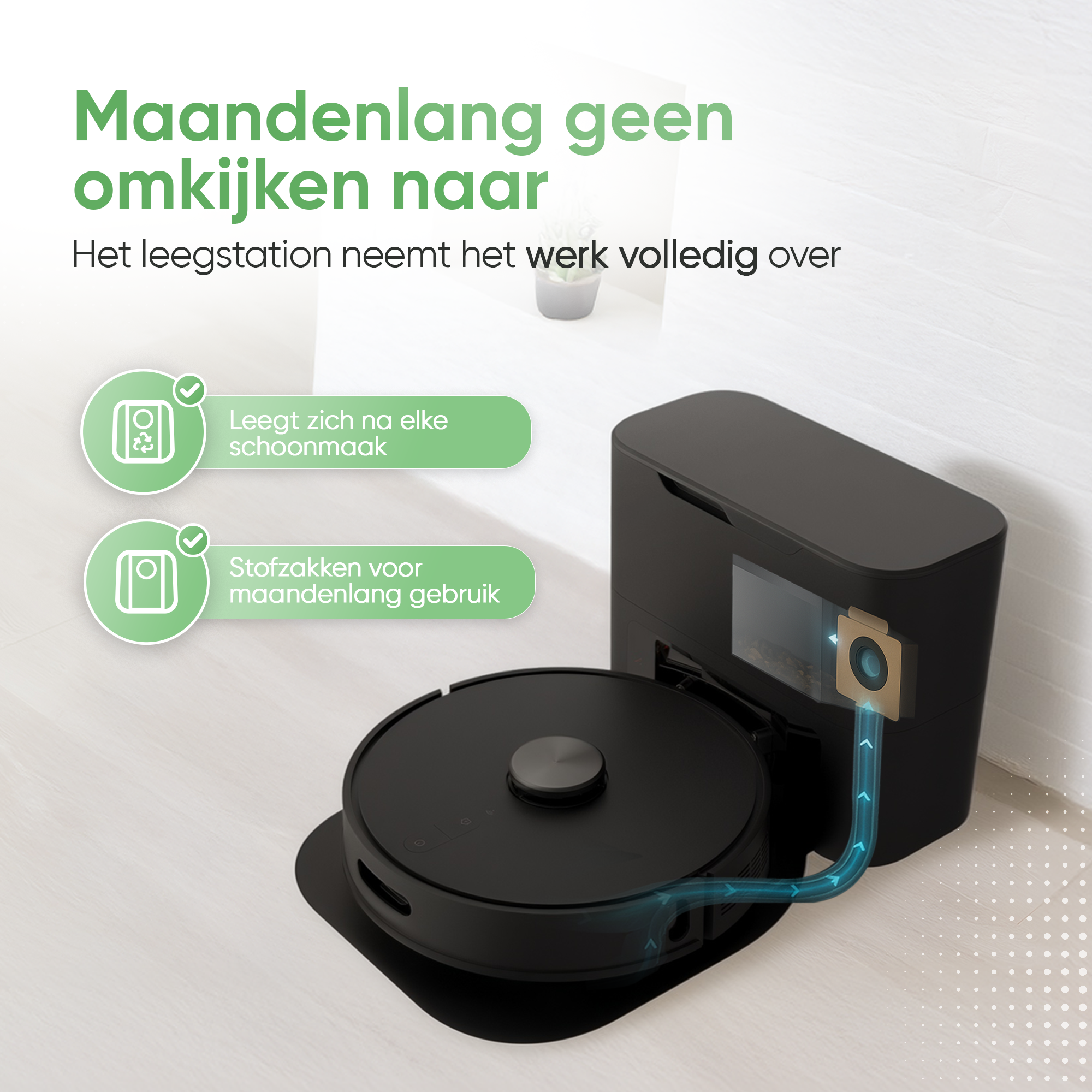 Un aspirateur robot noir et une station de charge. Le texte indique qu'il se vide après le nettoyage et utilise des sacs à poussière.