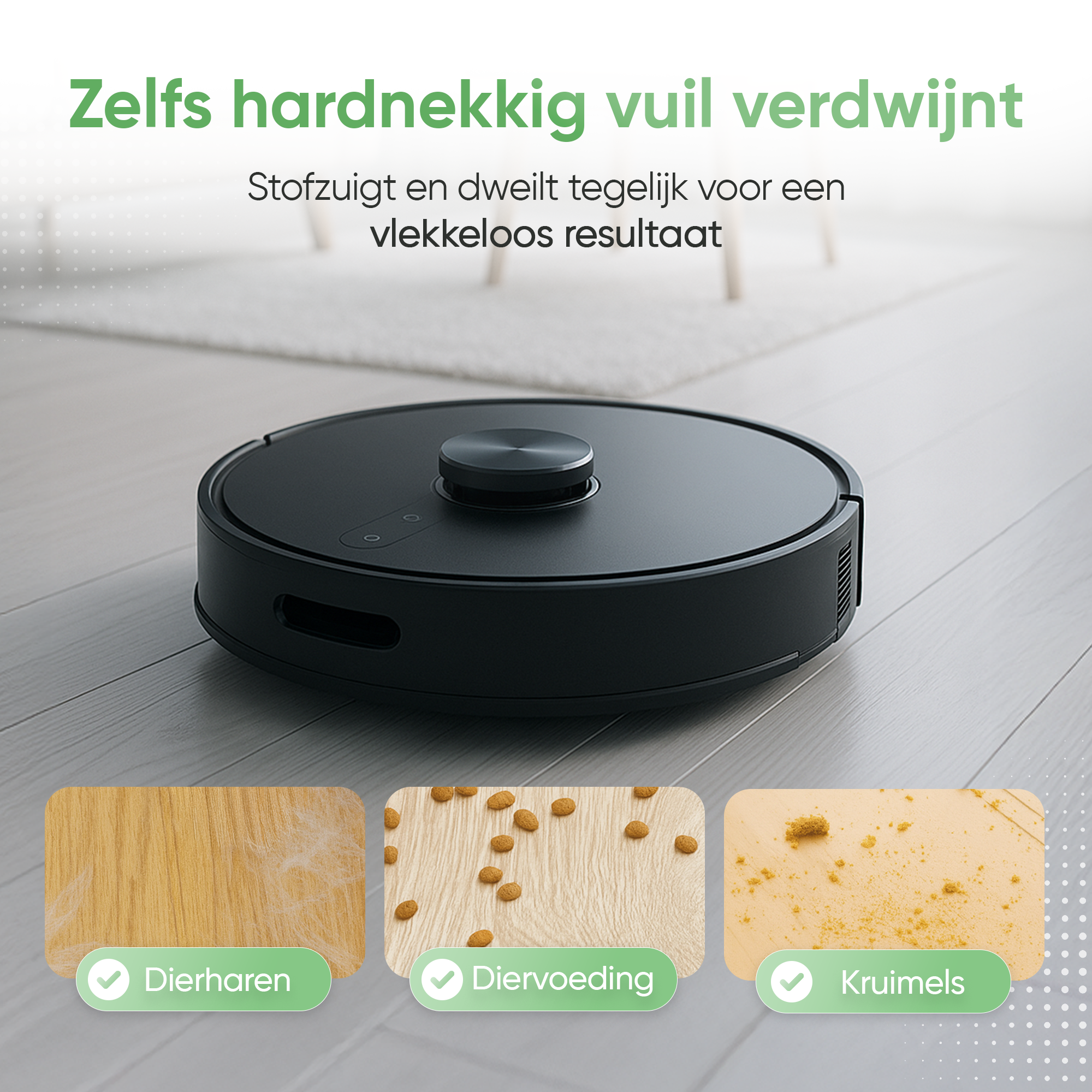 Un aspirateur robot noir sur un plancher en bois. L'image montre les options de nettoyage: poils d'animaux, nourriture et miettes.