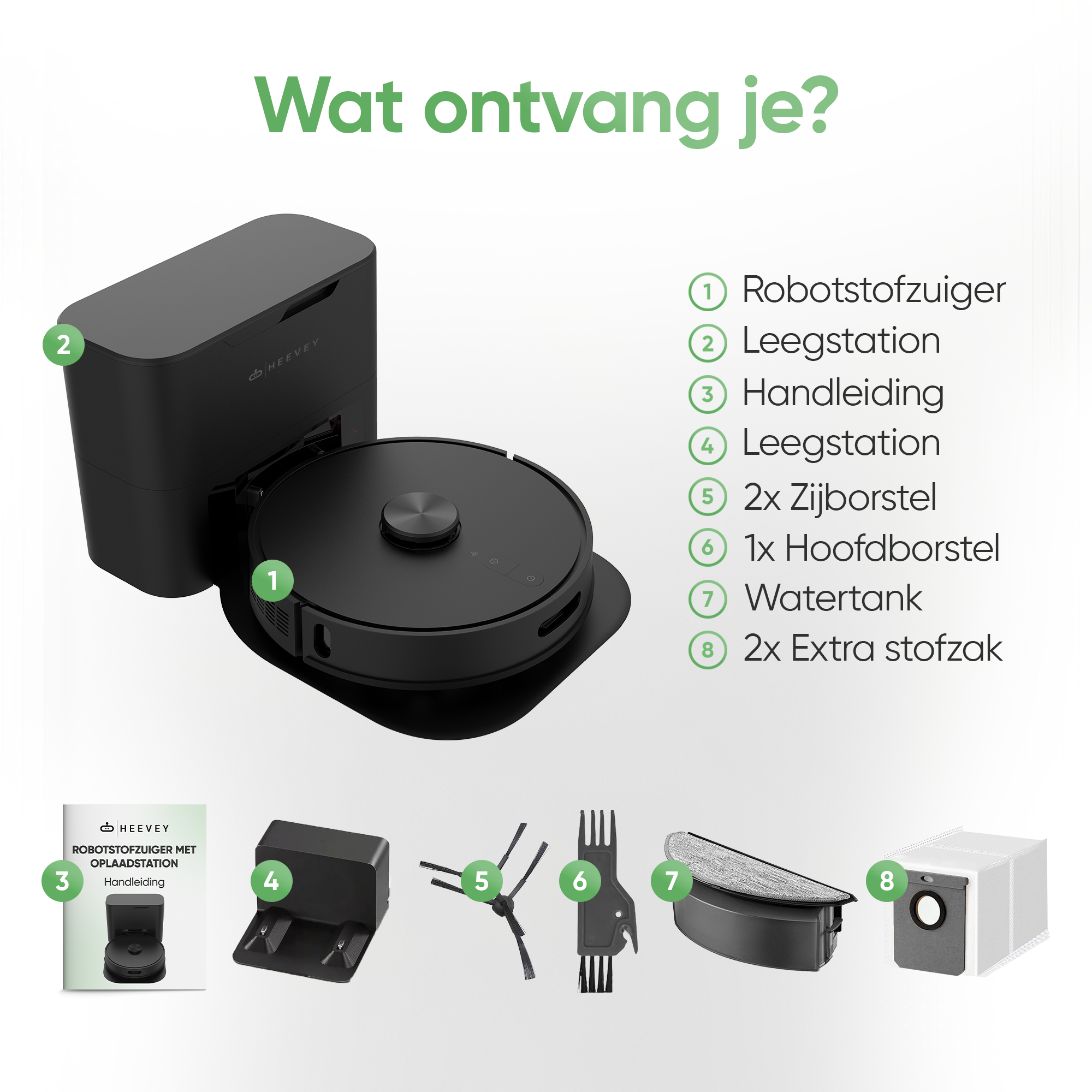 L'image montre un aspirateur robot noir avec sa station de charge et ses accessoires sur fond blanc.
