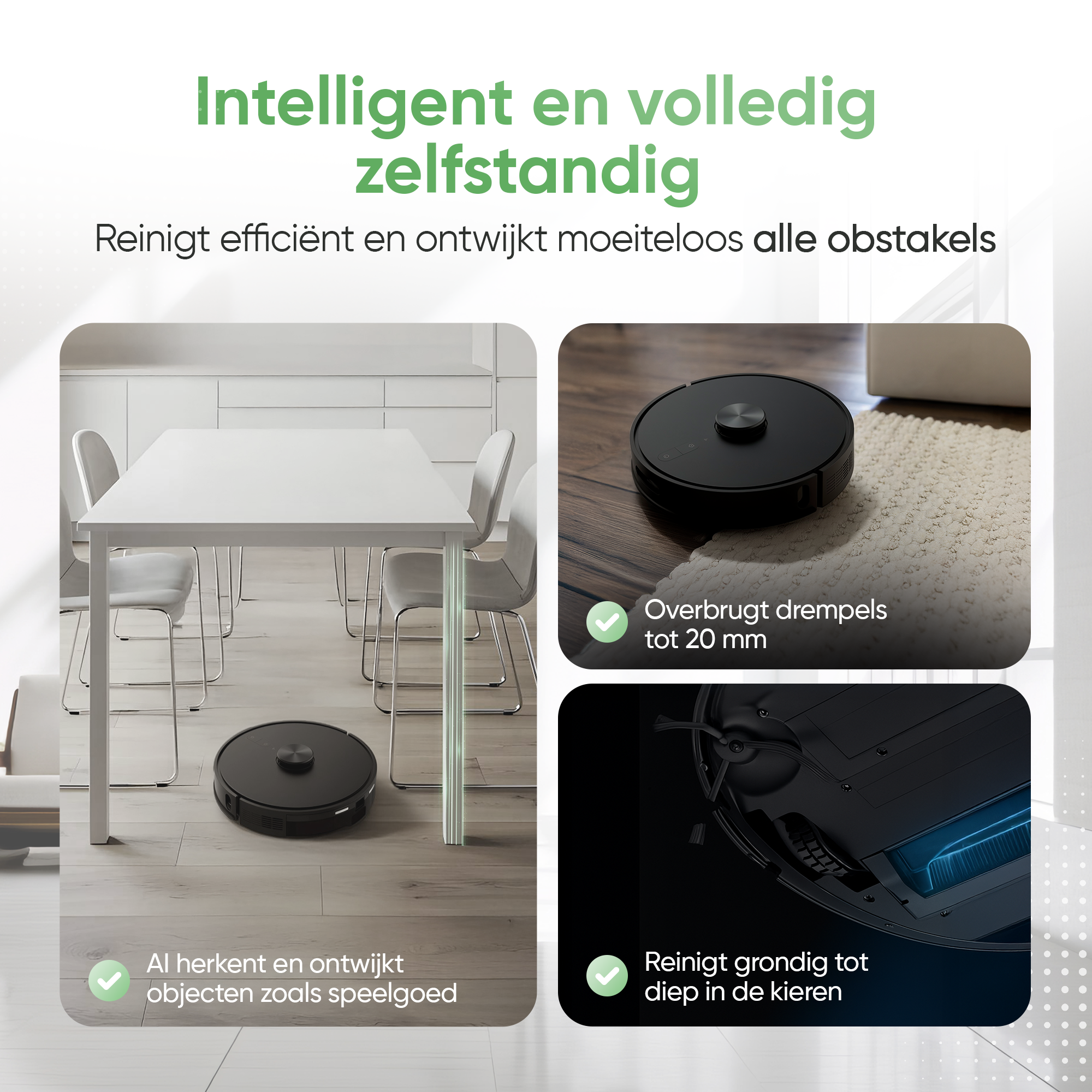 Un aspirateur robot noir sur un sol en bois. Une table avec des chaises en arrière-plan. Superpositions de texte.