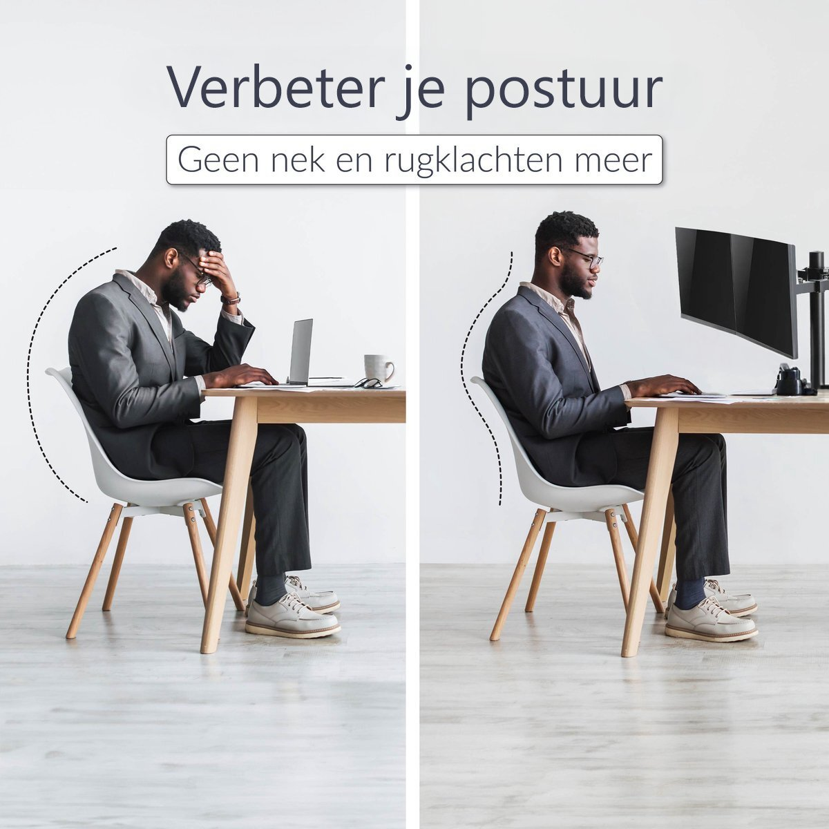 L'image montre une mauvaise posture contre une bonne posture tout en travaillant à un bureau. Le texte ci-dessus indique 'Améliorez votre posture'.