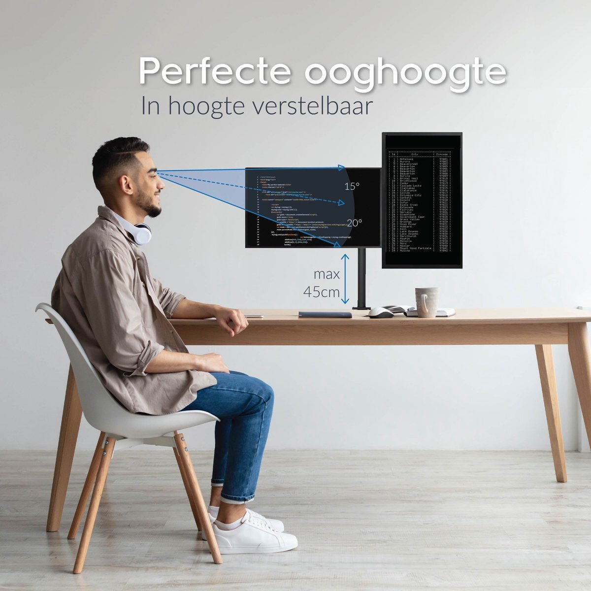 Homme assis à un bureau avec deux écrans. Affichages montrent code et données. Texte ci-dessus : 'Hauteur des yeux parfaite, réglable en hauteur'.