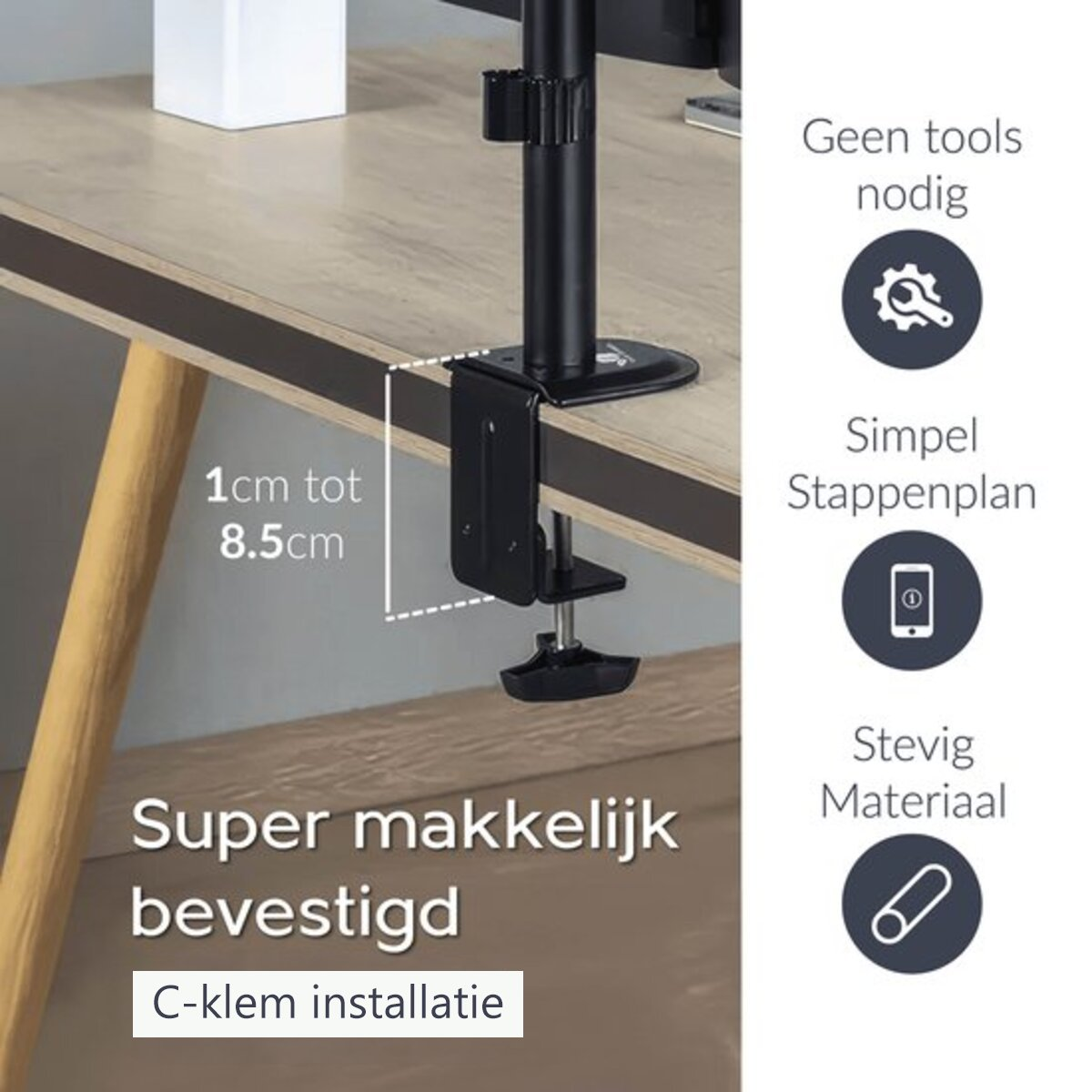 Une pince de montage de bureau noire est fixée à un bureau en bois. Le texte indique « Super facile à installer » et d'autres fonctionnalités.