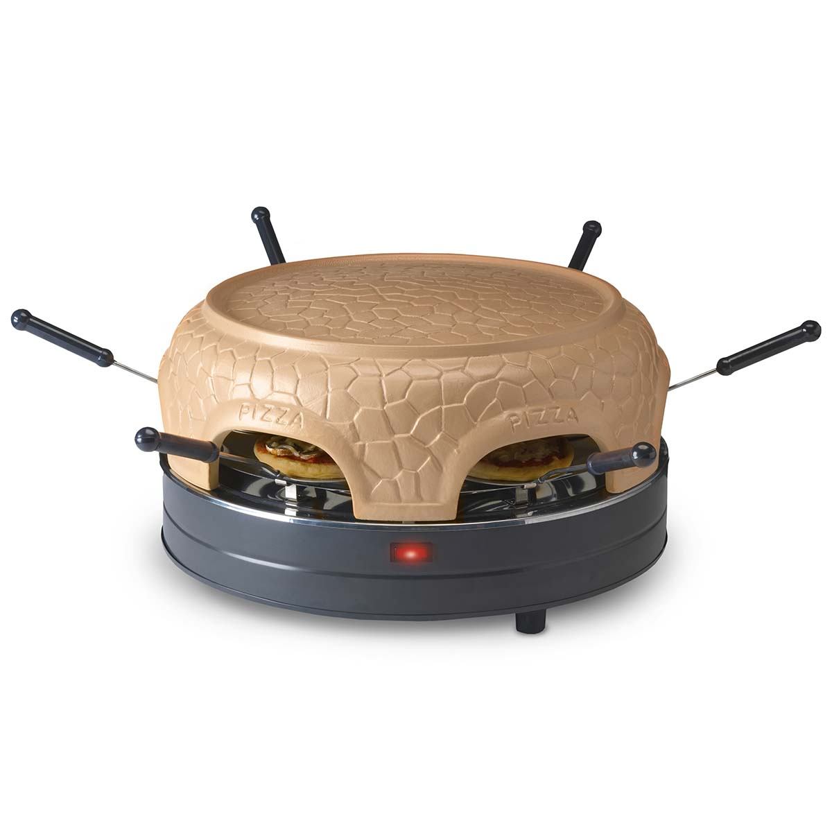 Ein Pizzaofen mit zwei Pizzen. Er hat eine beige, steinartige Oberseite und einen dunkelgrauen Sockel. Die Griffe sind schwarz.