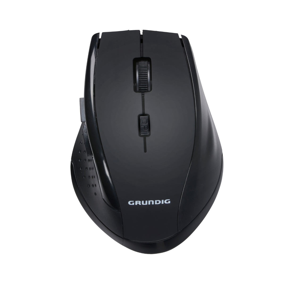 A black wireless mouse, branded 'Grundig', with a scroll wheel and DPI button. It is on a white background.