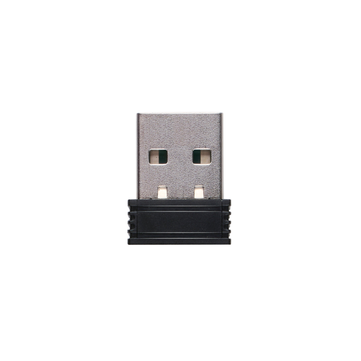 A close-up shot of a USB receiver on a white background. It has a silver connector and a black base.