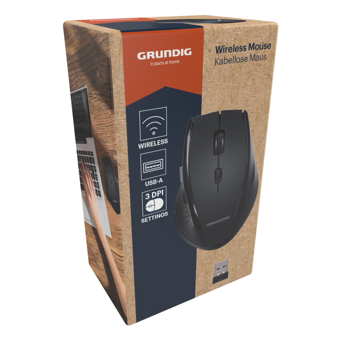 A Grundig wireless mouse box. It has a black mouse on it. The box shows features like wireless and USB-A.